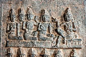 The great Chola temples of Tamil Nadu - The Airavatesvara temple of Darasuram. Pilasters inside the interior of the mandapa are decorated with small panels illustrating mythological stories in bas-reliefs. 